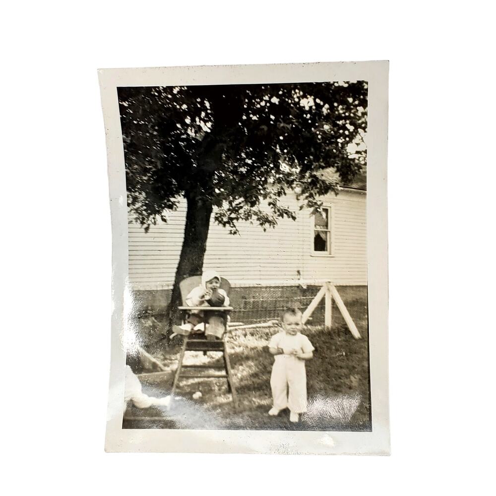 Vtg Children Playing in The Yard Monochrome Photography Found Snapshot